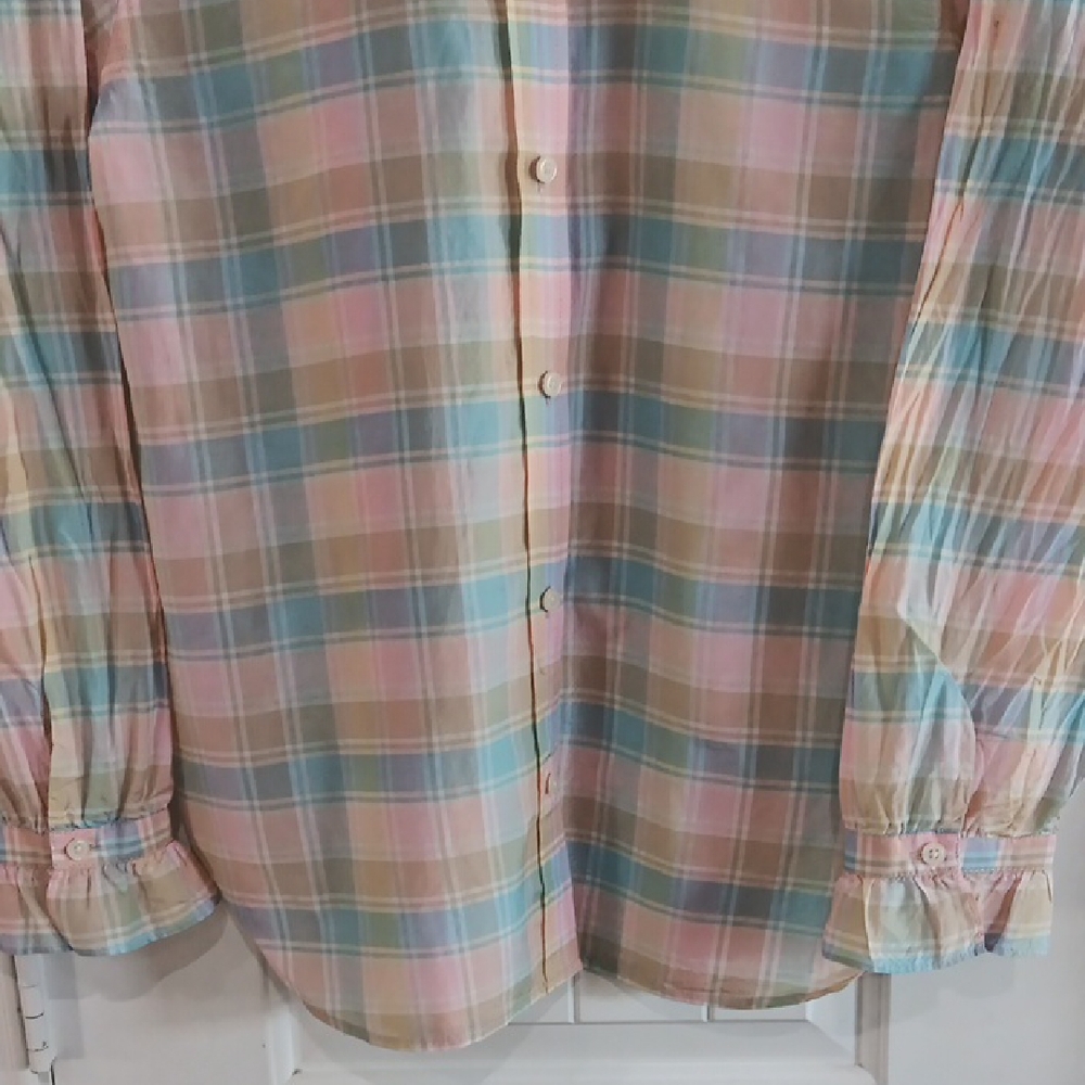 J.Crew Classic-Fit Cotton-Silk Voile Ruffleneck Shirt in Pastel Plaid.  - Picture 4 of 9